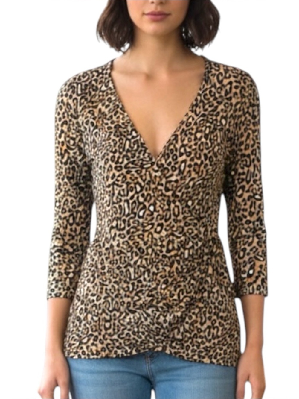 Banana Republic Sz MEDIUM Leopard Animal Print Faux Wrap 3/4 Sleeve Top Blouse
